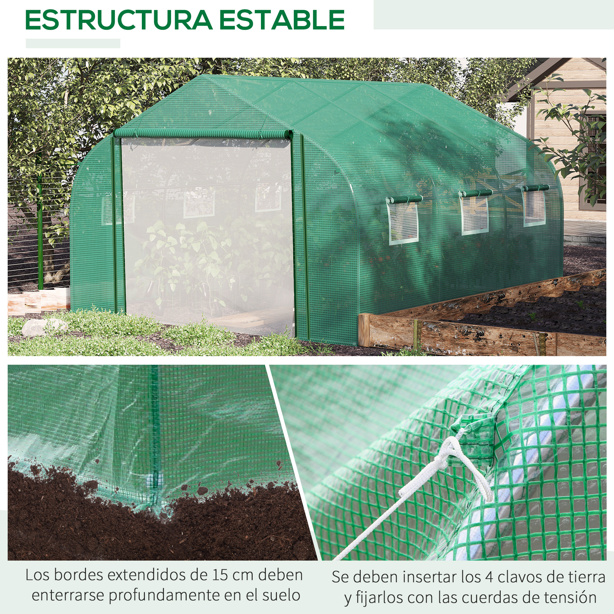 Estufa túnel verde Outsunny com porta e 6 janelas de enrolar para o cultivo de plantas e flores.