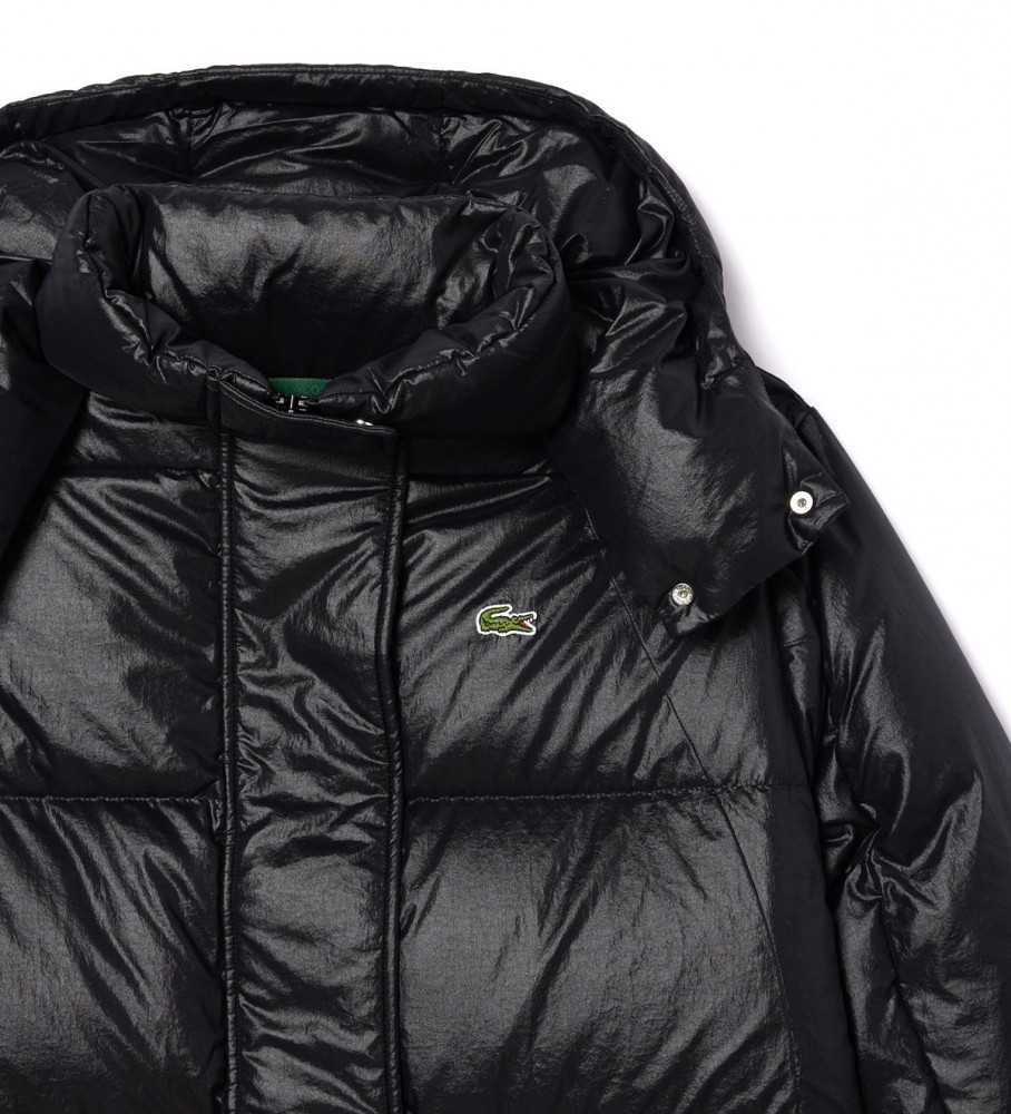 Jaqueta longa Lacoste oversized de plumas com cintura ajustável, preta.