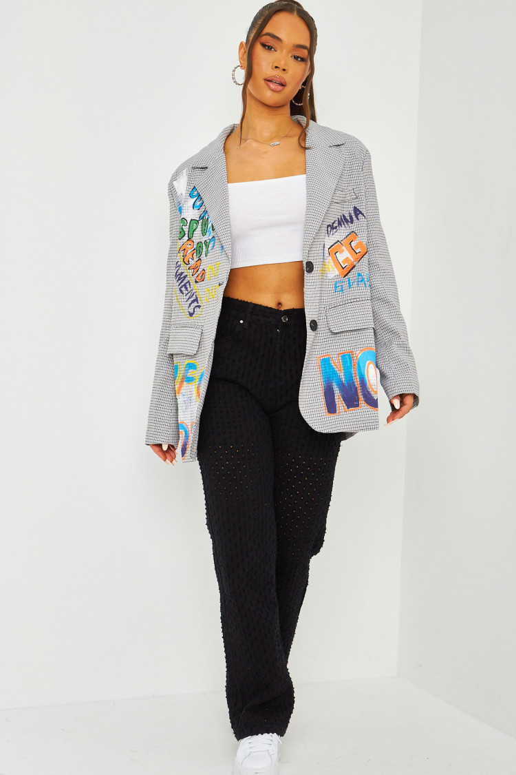 Veste de blazer oversize noire à carreaux avec inscriptions