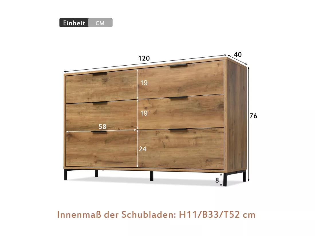 Commode, buffet avec 6 tiroirs, 120 x 40 x 76 cm, Panneaux de particules + métal, Chêne foncé