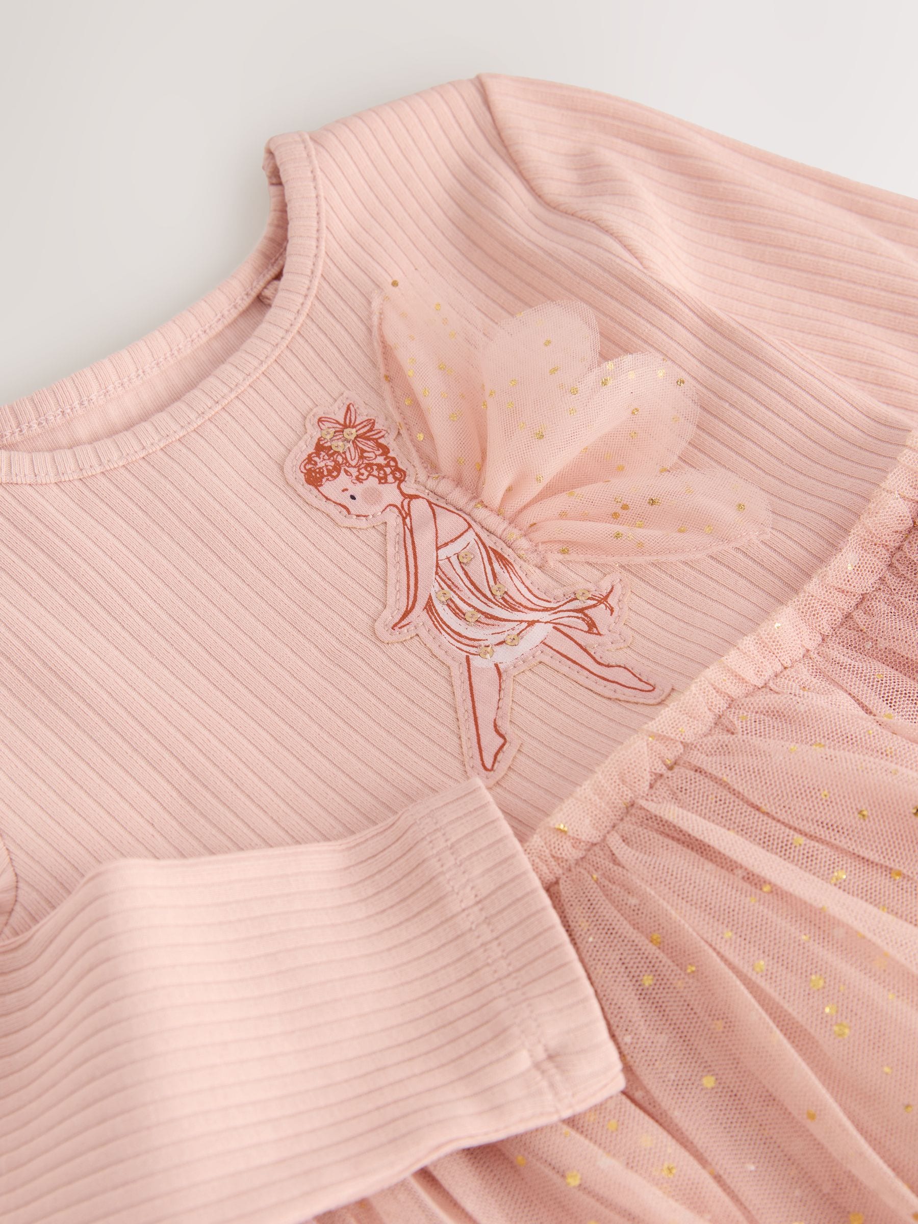 Roze met elfjes - Feestjurk van mesh met lange mouwen (3mnd-7jr)