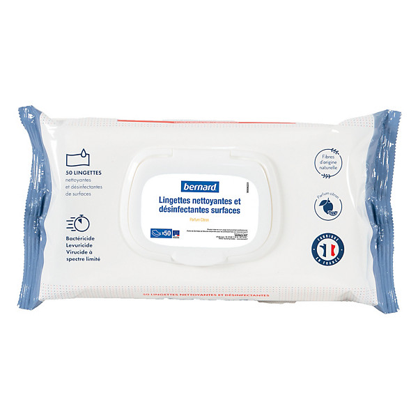 Lingettes nettoyantes et désinfectantes surfaces Bernard citron, étui de 50