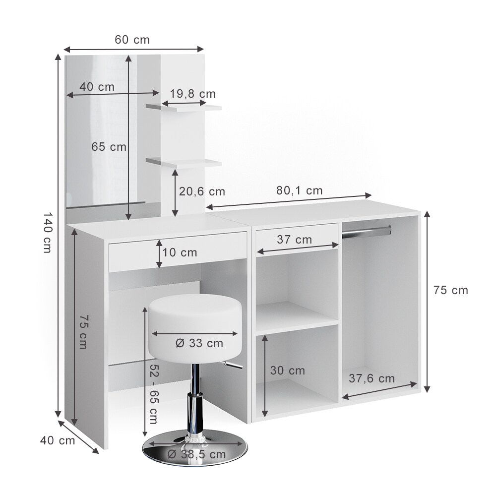 Vicco Schminktisch Frisiertisch Schminkkommode Isabelle + Hocker Beistellschrank