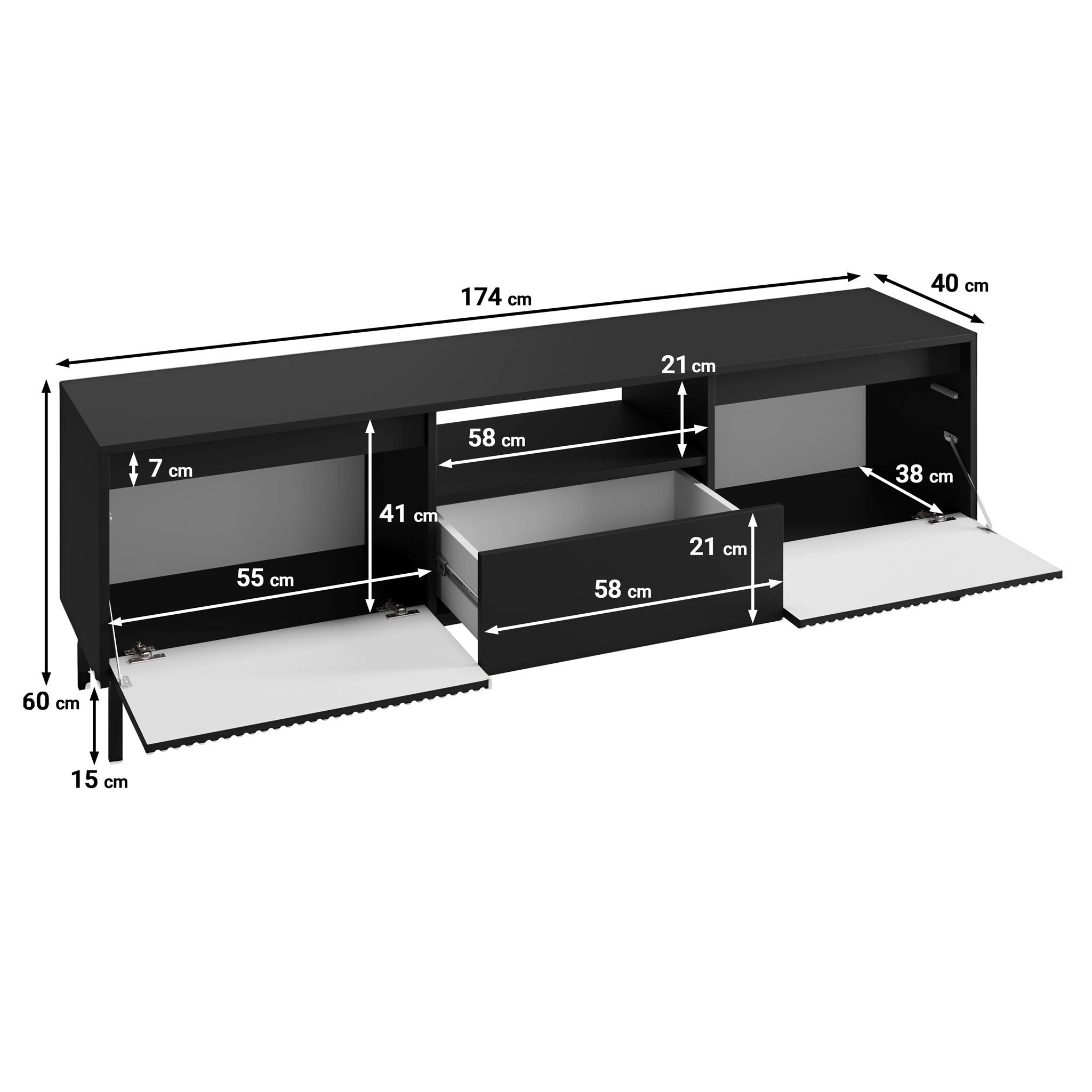 Orvana 2 - TV-Meubel met 2 deuren - Zwart - 174x40x60 cm