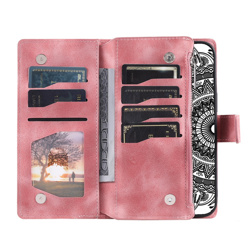 Samsung Galaxy A26 / A17 Leder Tasche Flip Cover mit Reissverschluss - Mandala Flowers Imprint - Rosa