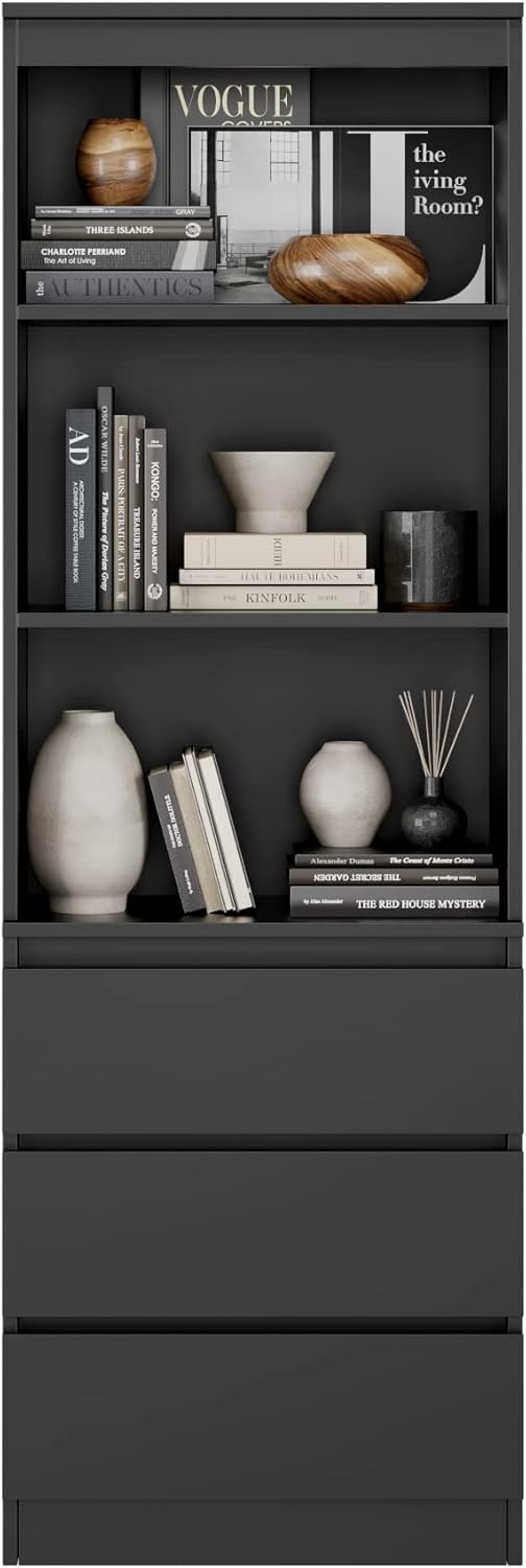 FirFurd Bücherregal mit 3 Schubladen 3 Fächern 180 cm Hochschrank Bücherschrank Vitrinenschrank Mehrzweckschrank für Wohnzimmer Büro Küche 60 x 35 x 180 cm Schwarz