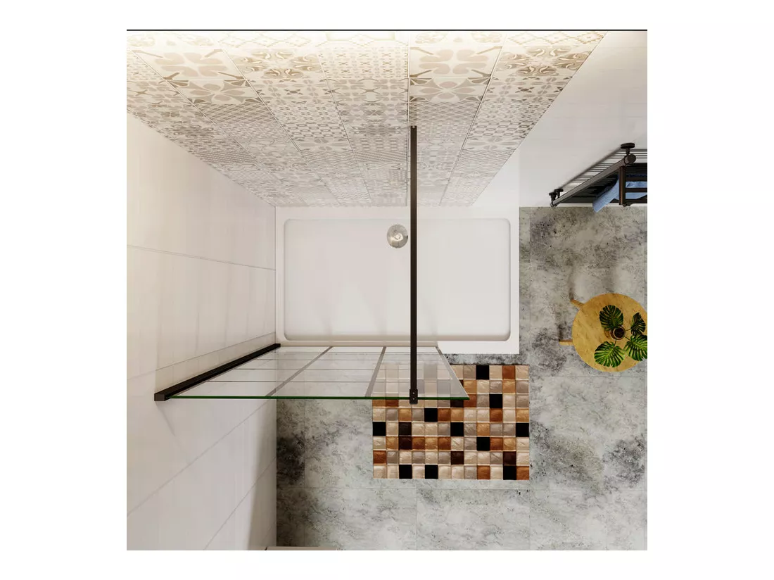 Paroi de douche fixe à l'italienne 120x200cm avec barre de fixation 90cm en carré - Noir - 8mm verre coloré et anticalcaire