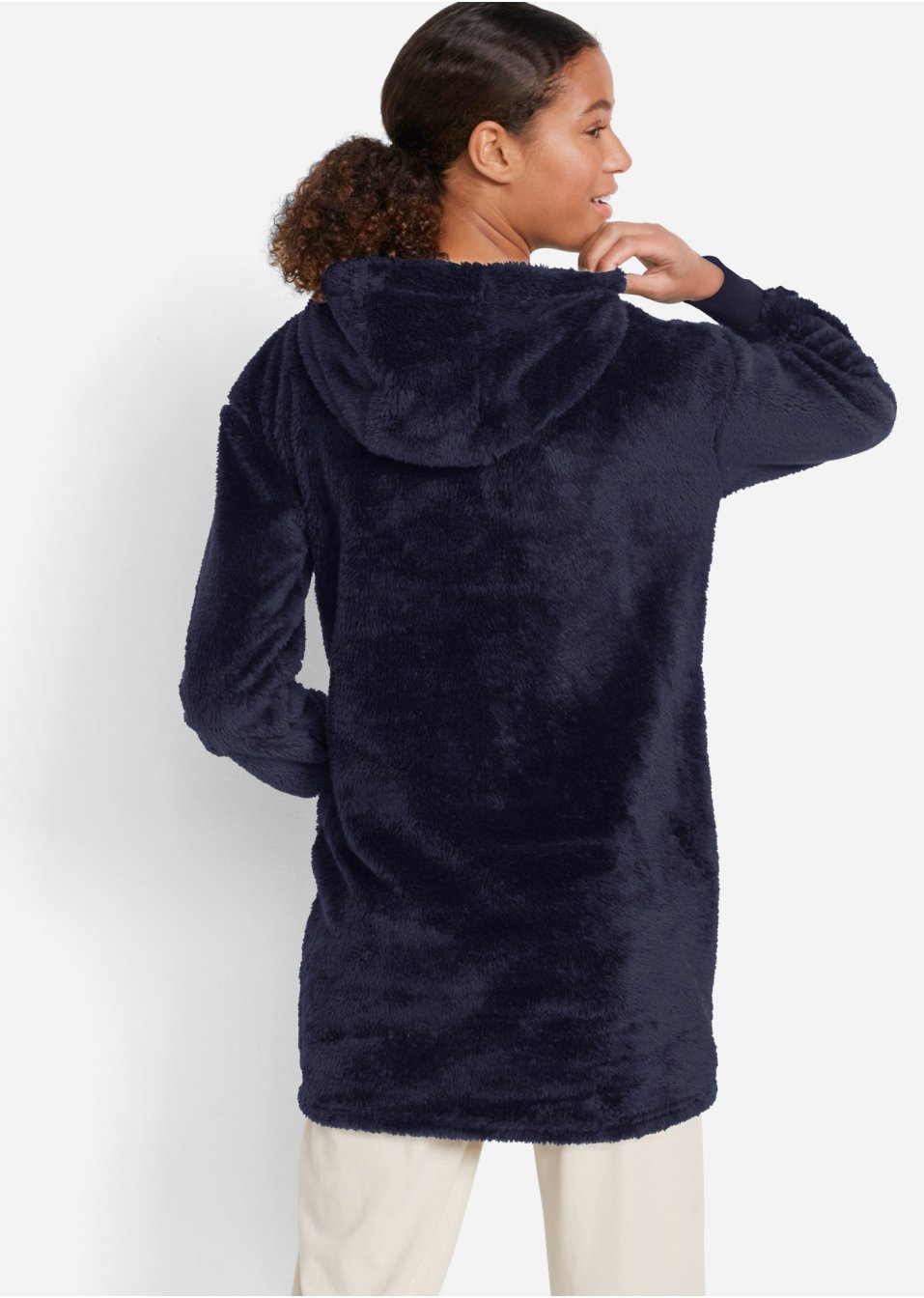Veste longue en polaire à capuche, manches longues