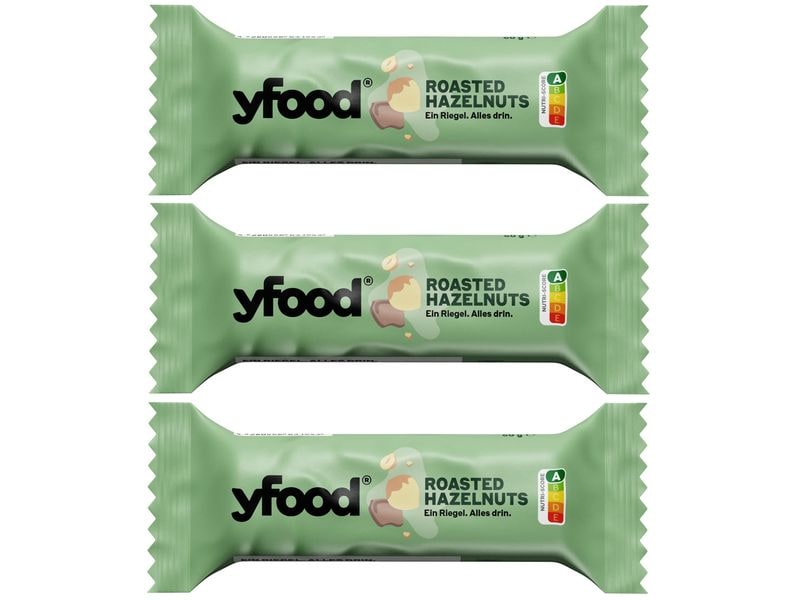 YFOOD Riegel Roasted Hazelnuts 3 x 60 g High-Protein Riegel ohne Zuckerzusatz