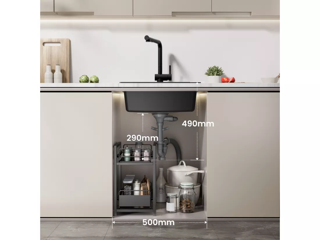 CECIPA MAX Evier 1 Bac en Quartz et Résine Noir Gris 50*44*20cm + Mitigeur de Cuisine avec Douchette Extractible Avec 3 Modes de Sortie D'eau Noir