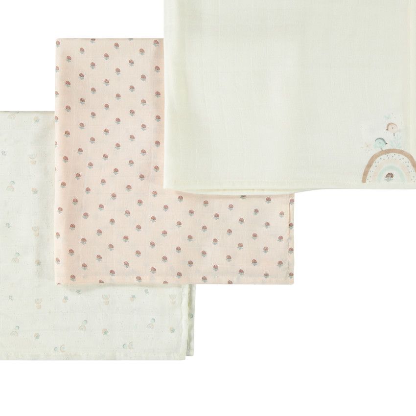 Lot de 3 langes en tetra motifs arcs-en-ciel pour bébé fille - Ecru