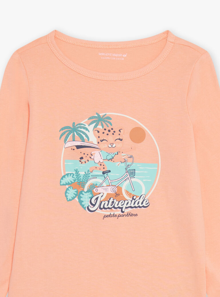Pyjama deux pièces orange pâle en coton avec cape tête de panthère