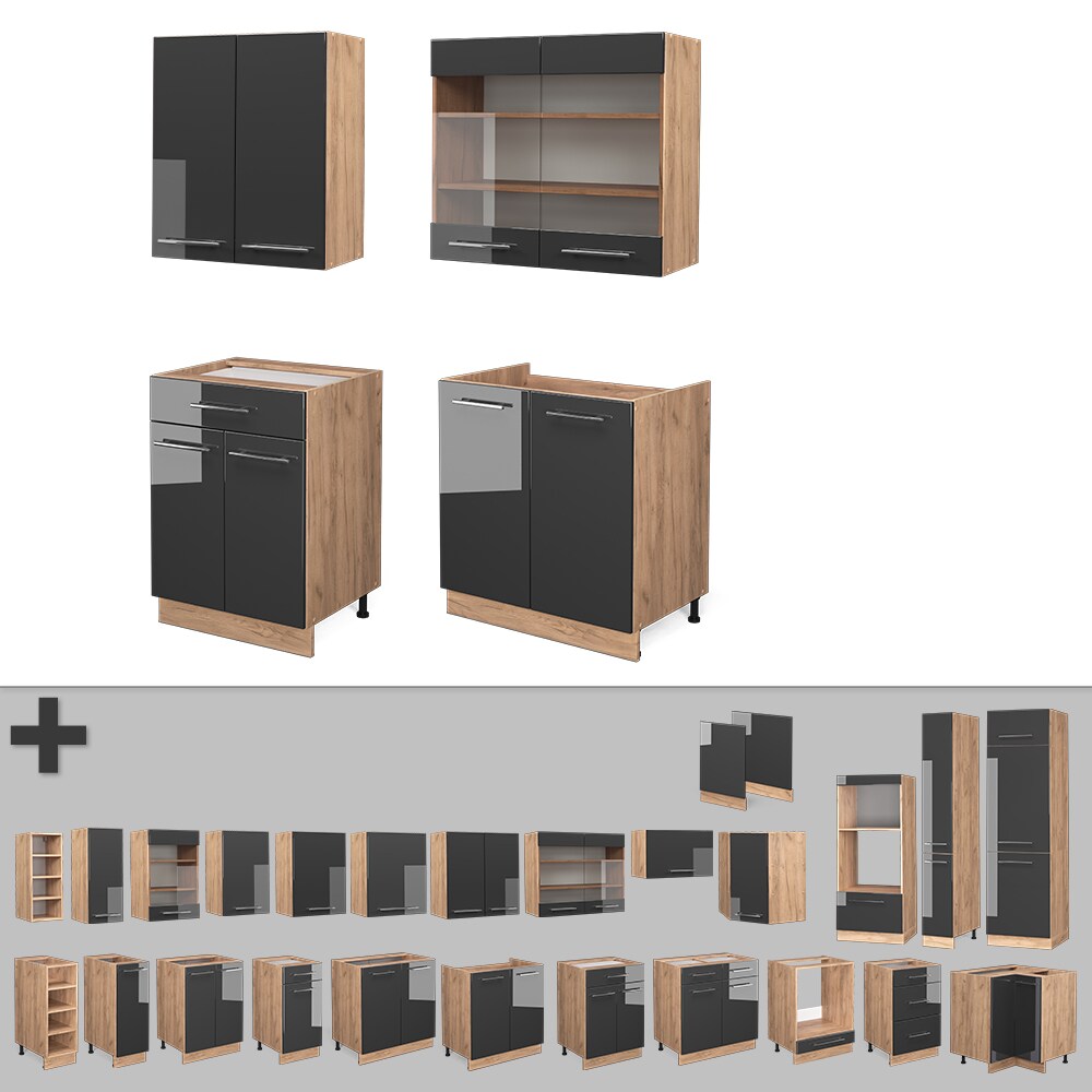 Vicco Küchenzeile Küchenblock Einbauküche Fame-Line Single Eiche Anthrazit 140 cm modern Küchen Schränke Spülenunterschrank Schubunterschrank Hängeschrank Hängeglasschrank Hochglanz