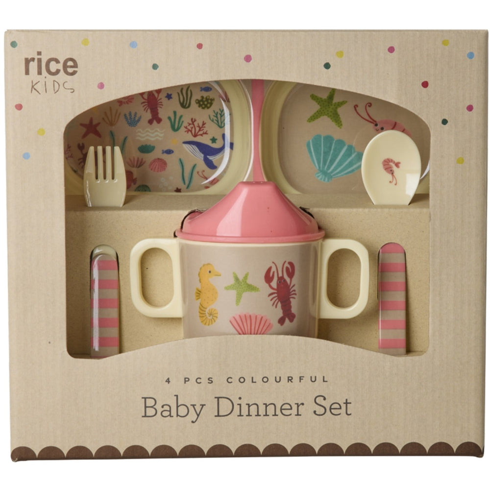 Køb Rice Melamin Baby Dinner Sæt In Gift Box - Coral Ocean Print - 4 Pcs