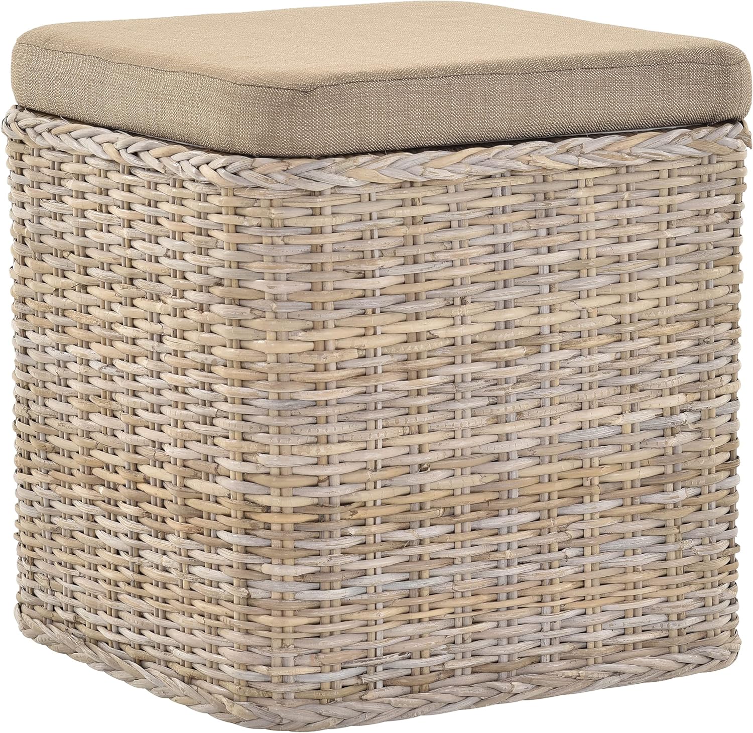 Rattan Wäschekorb Wäschetruhe Sitz gepolstert Flur-Bank Aufbewahrungsbox mit Deckel Bad-Hocker Sitzhocker Wäschesammler Sitz-Truhe Natur (Grau Natur, Quadratisch)