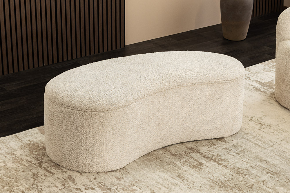 Extravagante Polsterbank ELEMENTAL 120cm champagner beige Feinstrick Bouclé mit Stauraum