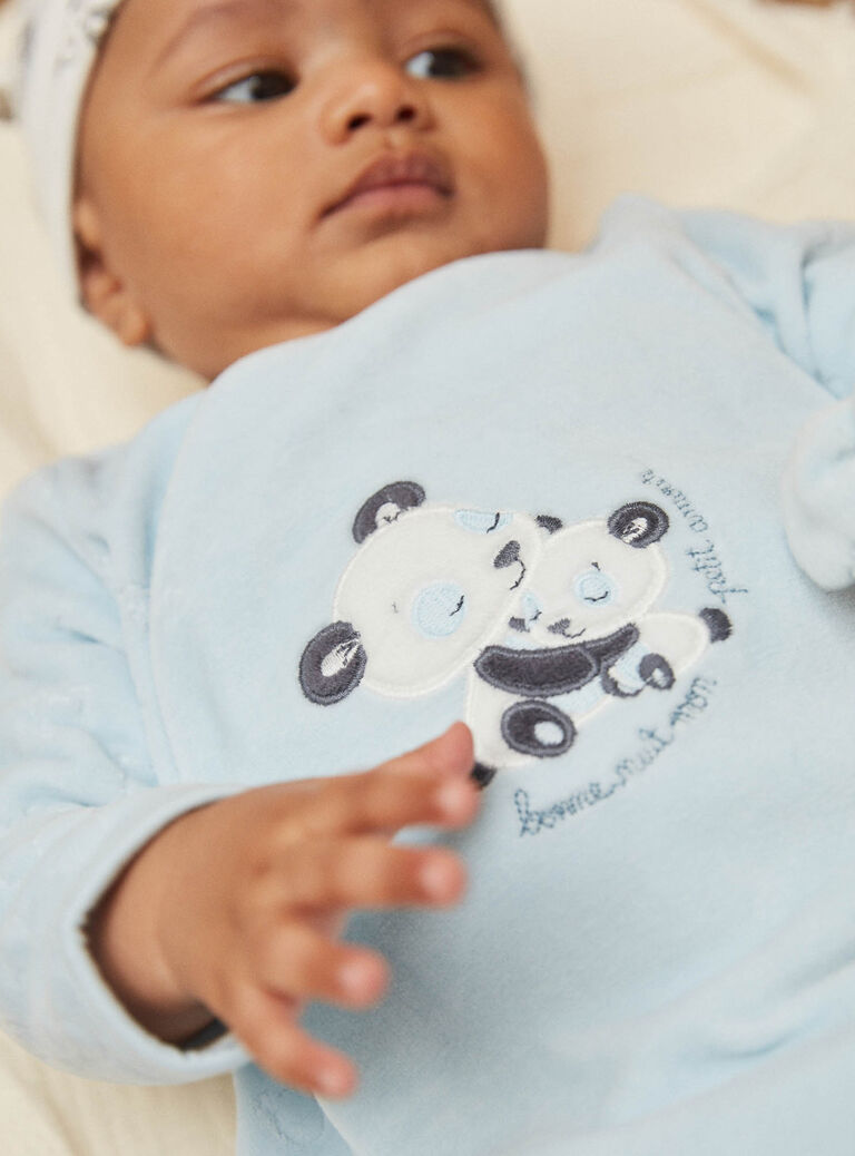 Grenouillère bleu glacier en velours en coton biologique et polyester recyclé