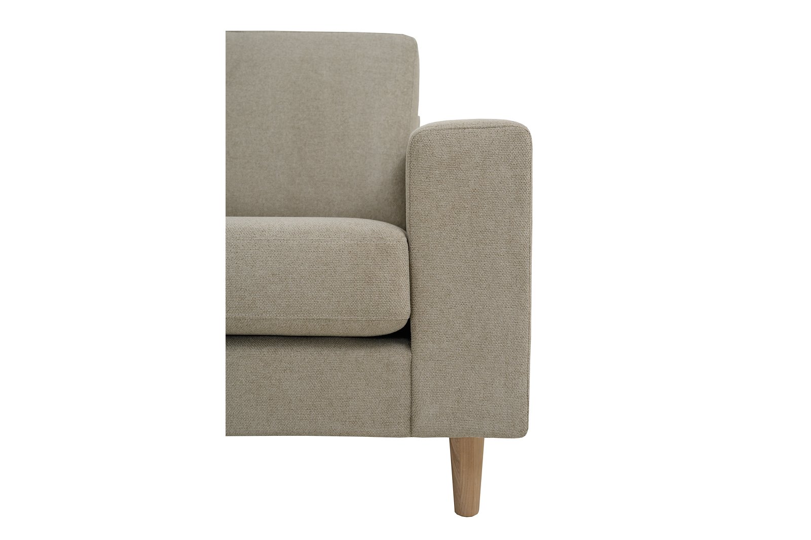 Hedda hjørnesofa 2,5 seter med åpen ende venstre. Tekstil Brooklyn 9 Cappuccino med hvitoljede eikeben (1) og 18 cm arm (F).