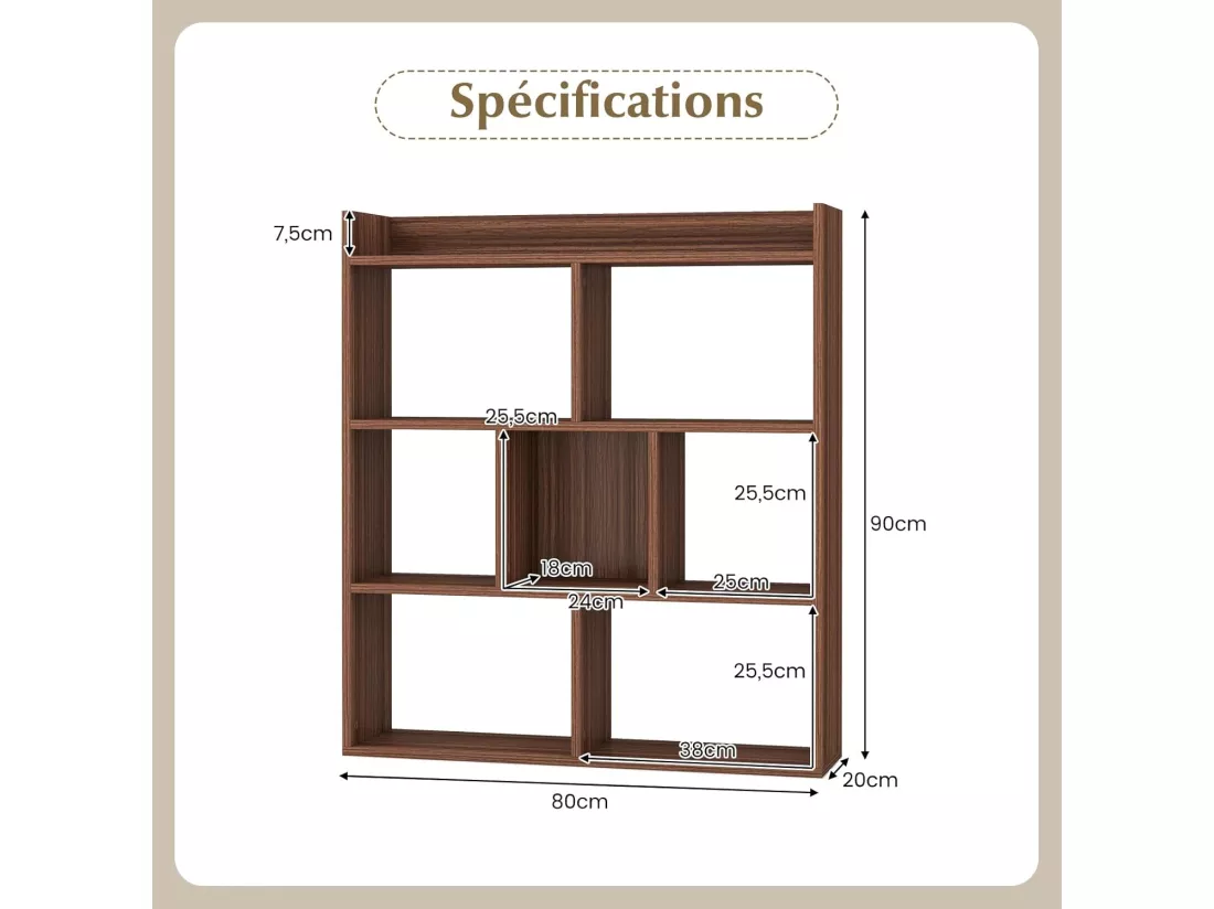 Bibliothèque étagère 7 compartiments ouverte, meuble à 4 niveaux, 20 x 80 x 90 cm (noyer)