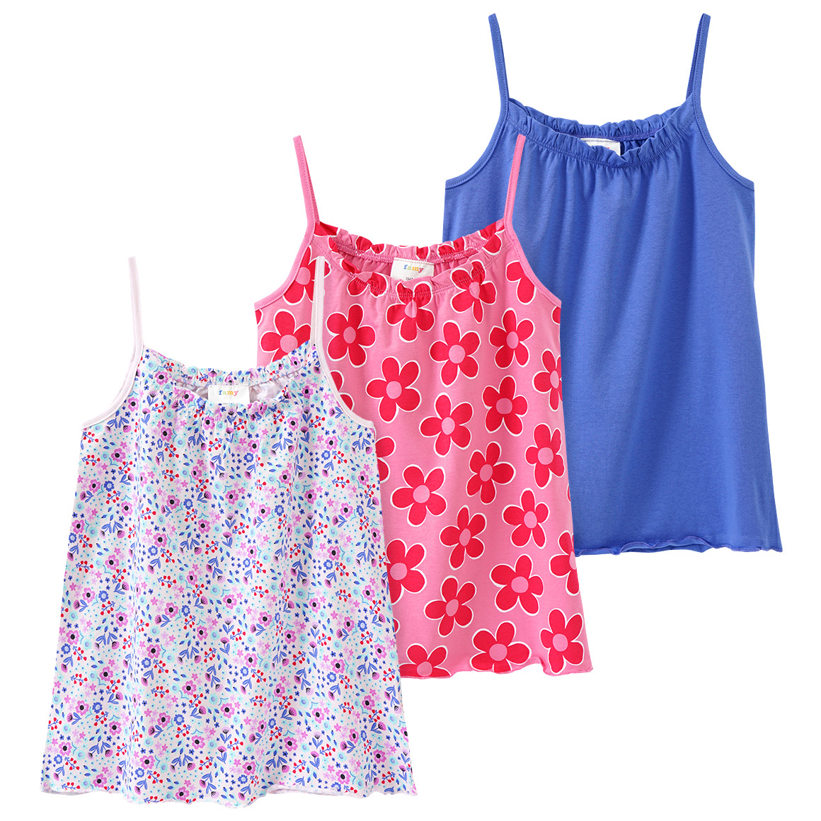 Famy 3 Mädchen Tops mit bunten Motiven zartrosa / blau / rosa
