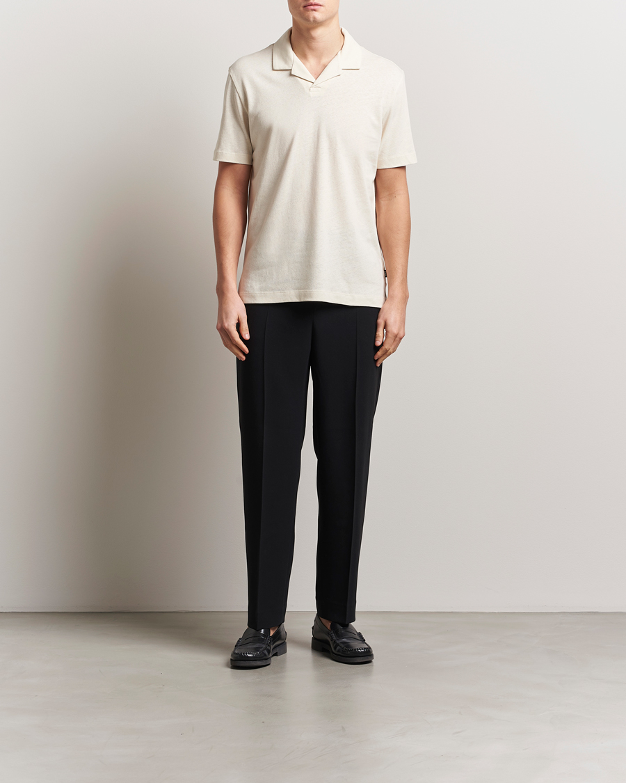 BOSS BLACK Ponti Cotton/Linen Open Collar Polo Open White