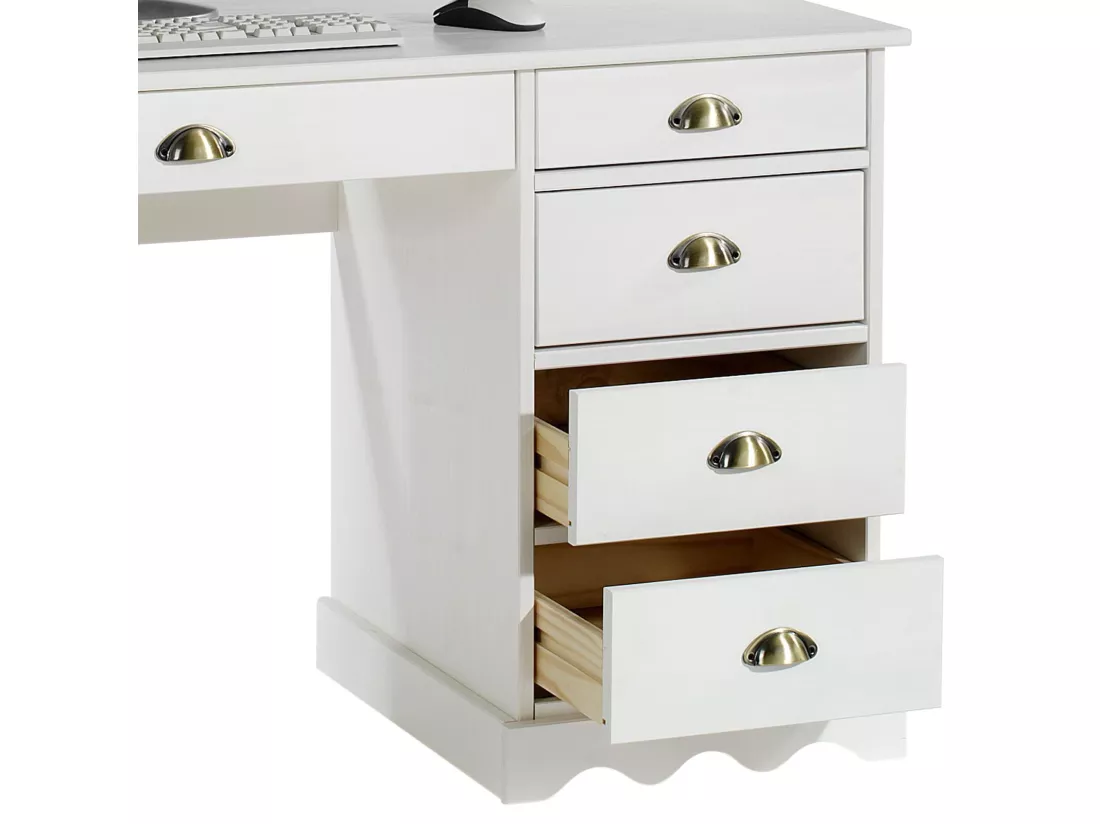 Bureau COLETTE rangement avec 5 tiroirs et poignées coquille, en pin massif lasuré blanc