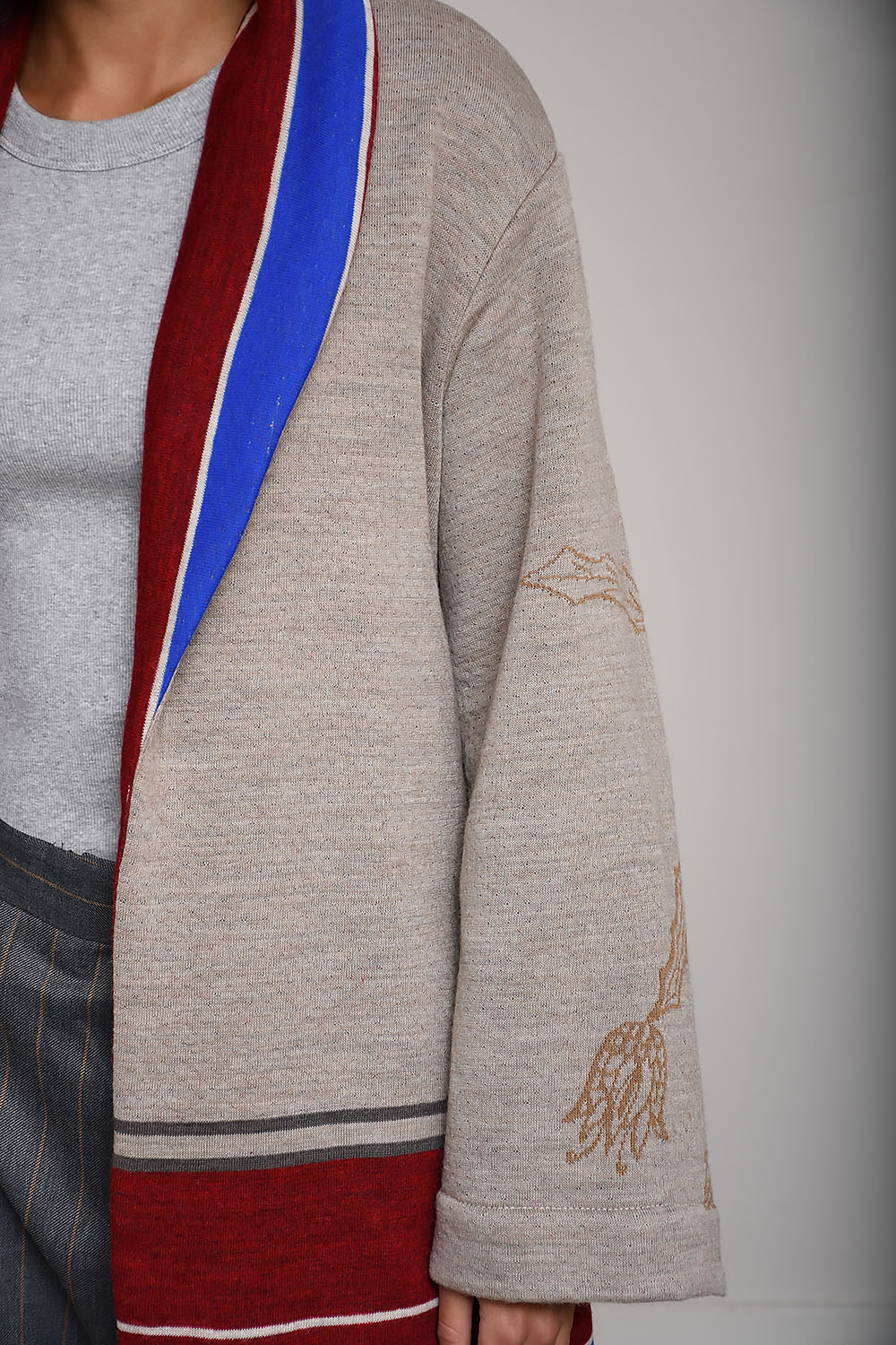 Stripe wool col shawl kimono
