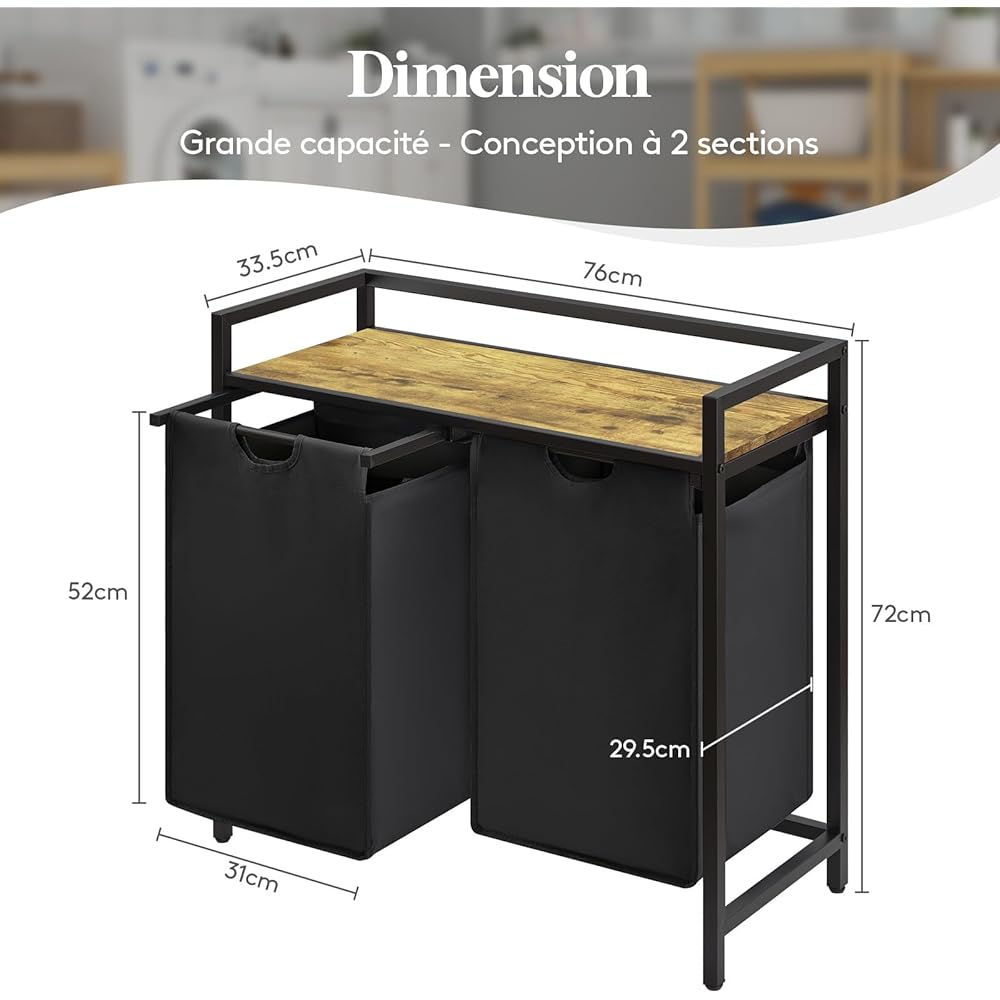 Lifewit Panier a Linge 2 Compartiments 95L, Meuble Linge Sale avec 2 Sac à Linge Sale en Tissu Oxford et Étagère en Métal, Bac à Linge pour Buanderie, Chambres, Salles de Bains, Dortoirs, Noir : Cuisine et Maison