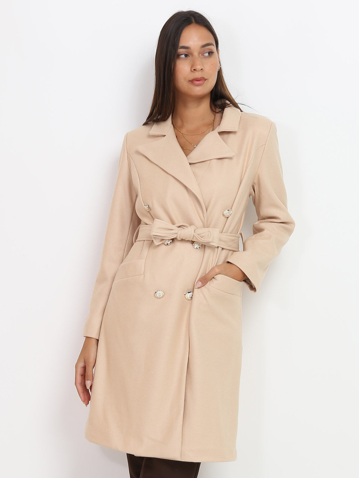 Manteau ceinturé à boutons officier- Beige