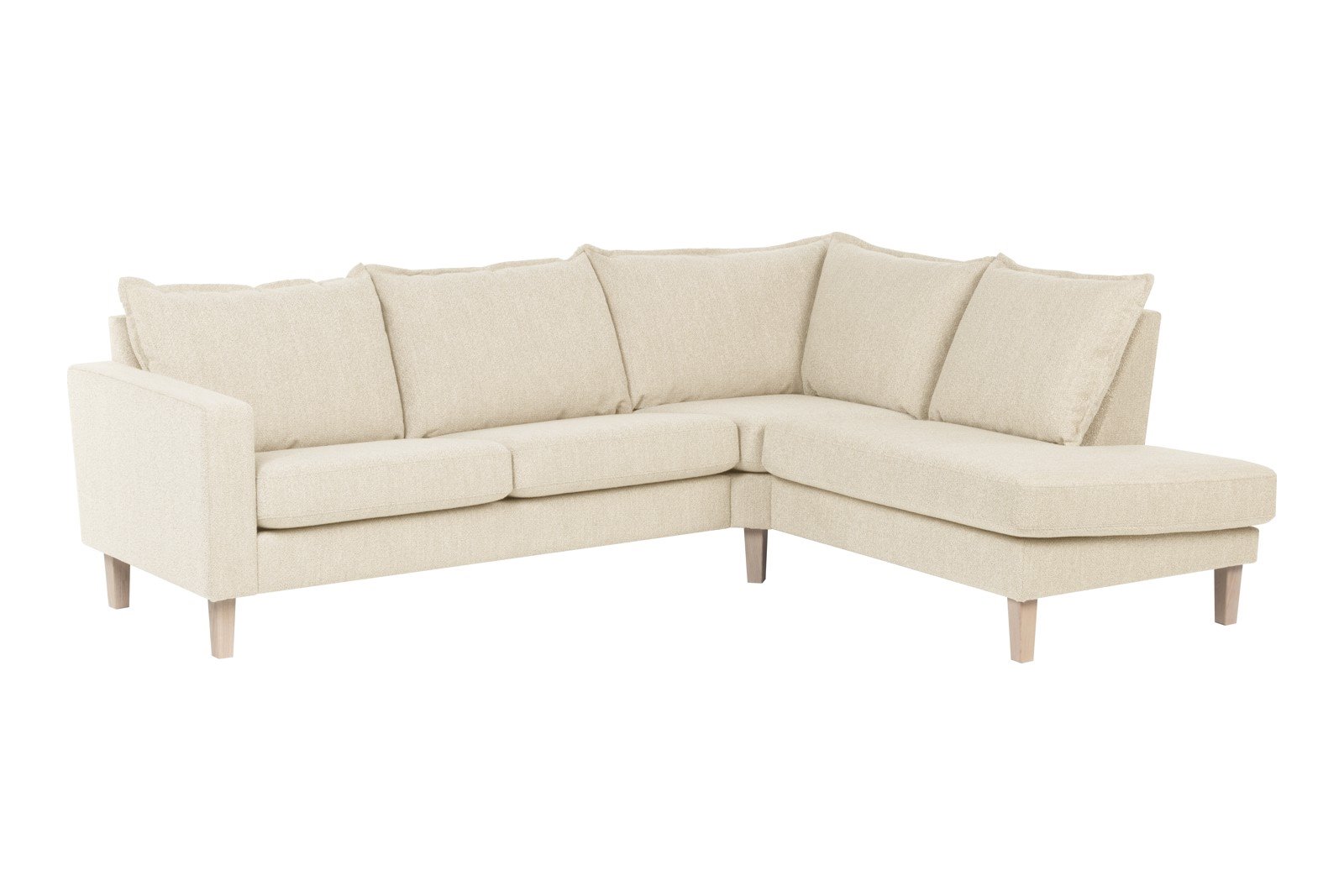 Slogen hjørnesofa Oppsett AH. 2,5-seter med åpen ende høyre. Tekstil Viva Marble med soft ryggpute. Vange B og hvitpigmentert ben 178.