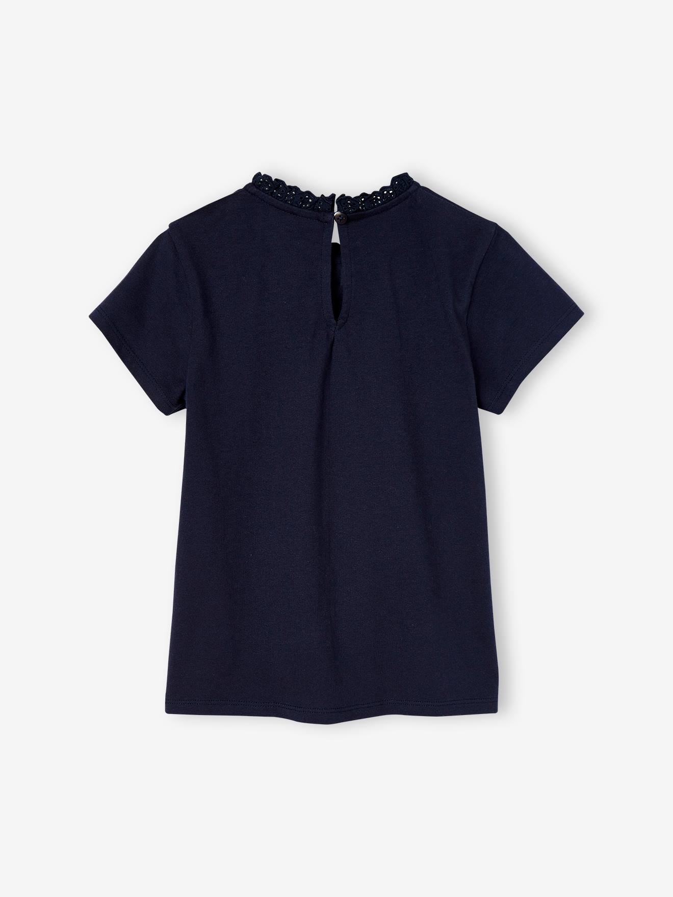 Camiseta azul-marinho de manga curta personalizável com gola para meninas