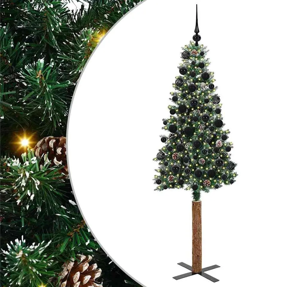 vidaXL - Kunstkerstboom met zwarte ballen 180 cm - Groen en wit - PVC en hout