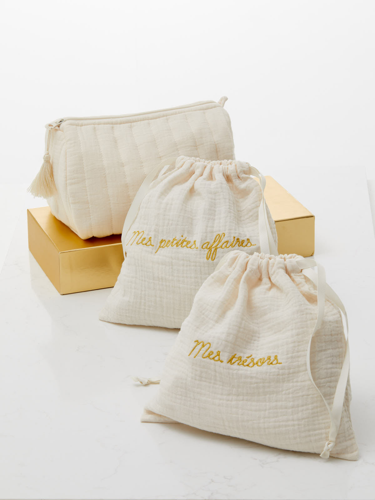 Trousse de toilette et pochons gaze de coton
