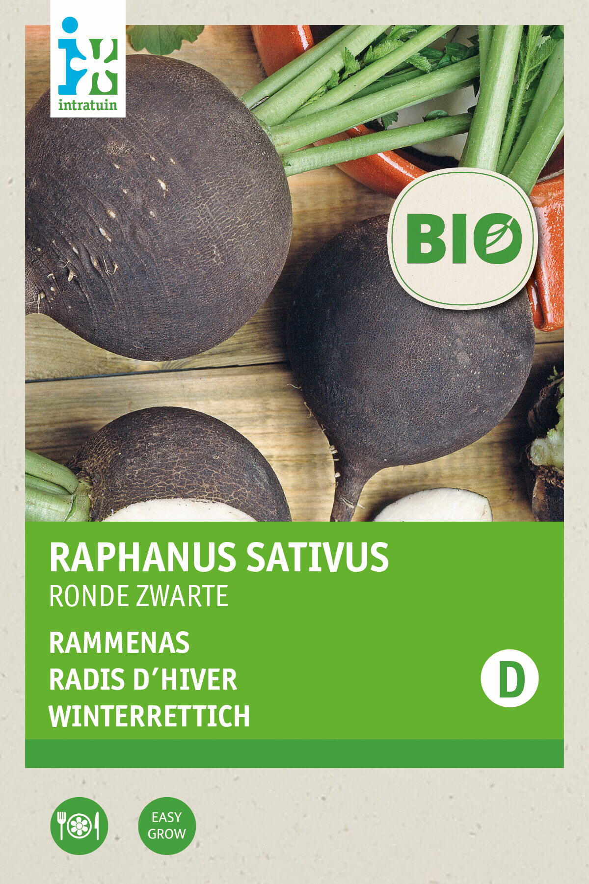 Intratuin Biologische groentezaad ronde rammanas (Raphanus sativus 'Ronde Zwarte')