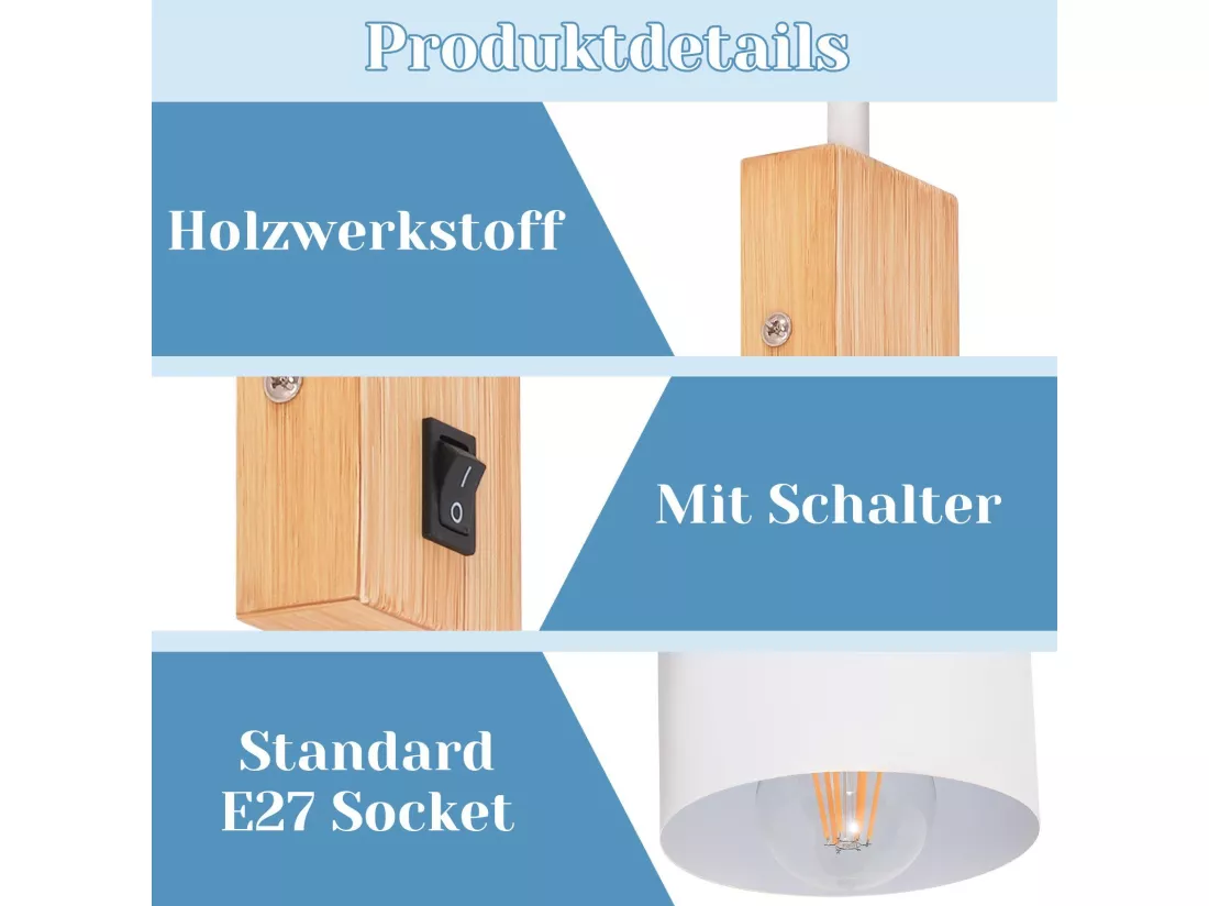 NETTLIFE Applique murale en bois avec interrupteur - Spot mural 1 flamme E27 Blanc Lampe de couloir 330° ,Sans ampoule