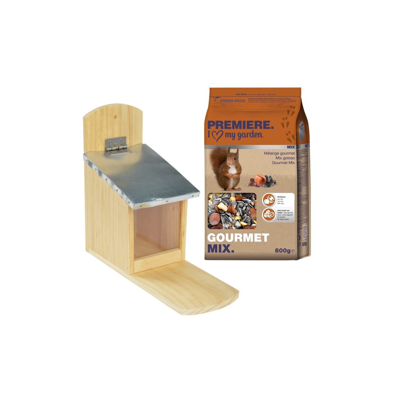 AniOne Eichhörnchen Futterspender mit PREMIERE Eichhörnchenfutter Gourmet Mix 600g