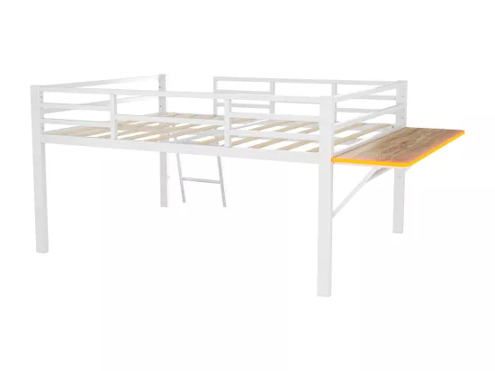 Lit plat en métal 140 x 200 cm, rails, échelle, bureau, bande LED à distance, blanc