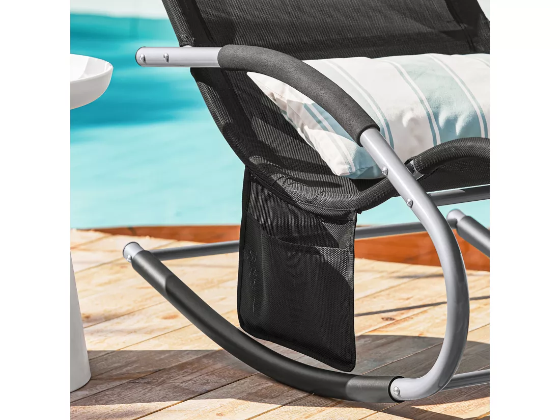 SoBuy OGS28-Sch Fauteuil à Bascule en Métal Chaise Longue Transat de Jardin Transat de Relaxation Bain de Soleil Rocking Chair - Repose-Pieds Intégré - Noir