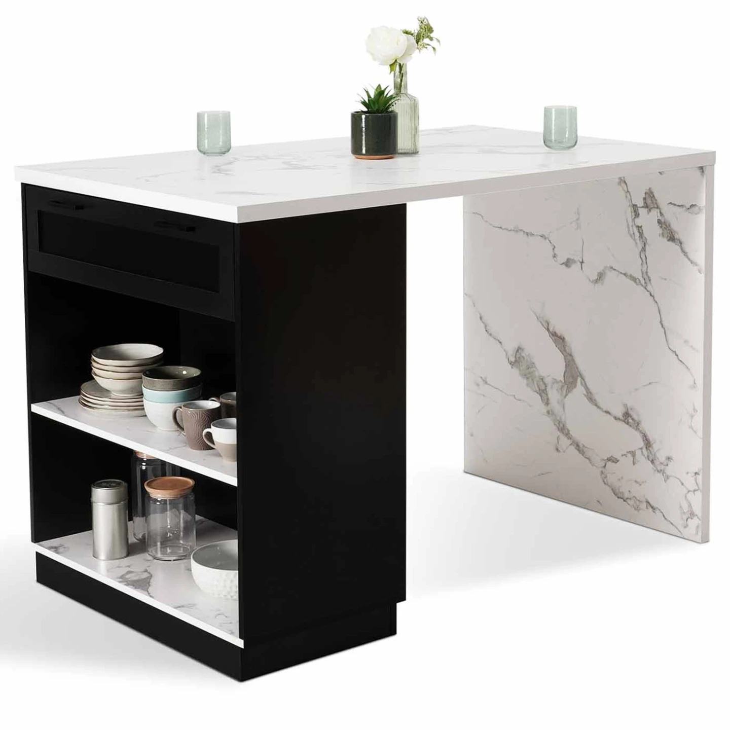 Ilot central mange-debout 4 personnes VITO 130 cm noir et plateau effet marbre ALASKA