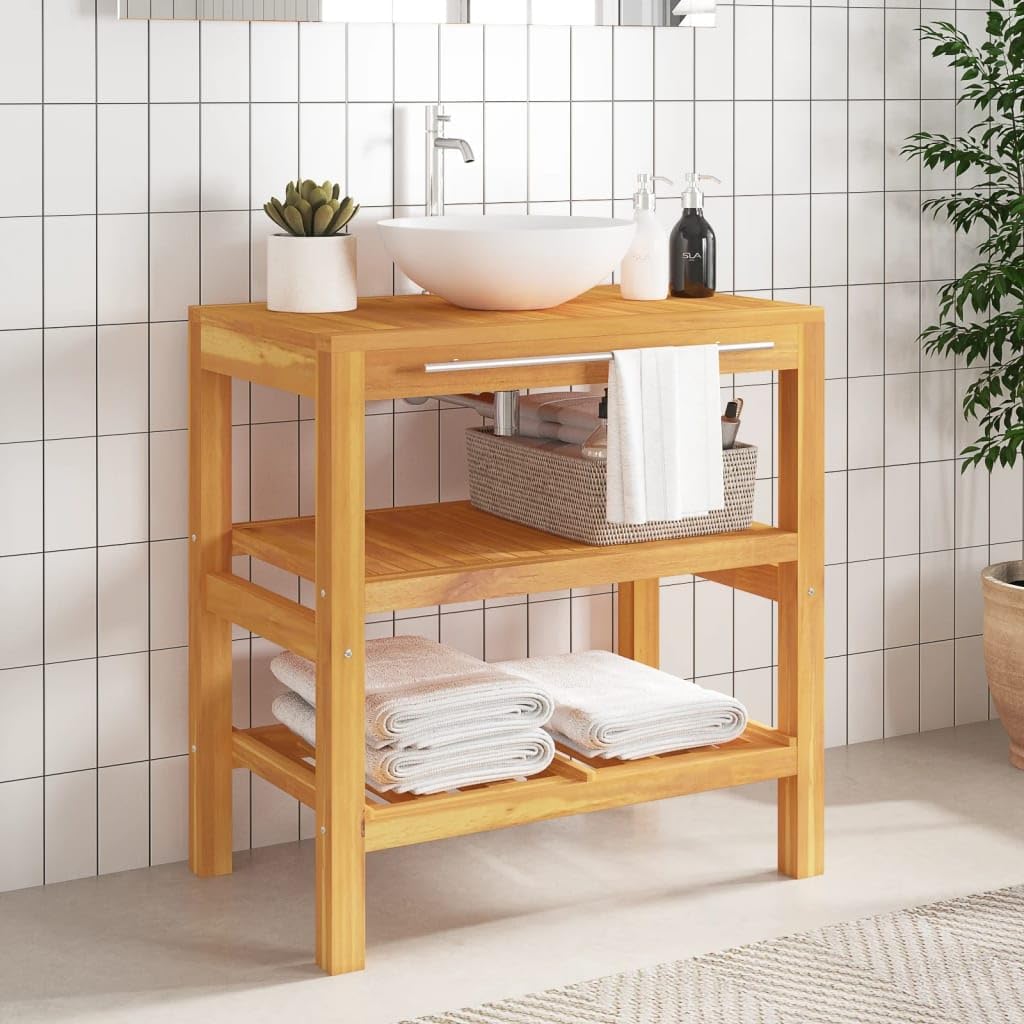 Waschtischunterschrank aus massivem Teakholz, 74x45x75 cm, mit 2 Ablagen, Handtuchstange, Badmöbel für Badezimmer, robust & witterungsbeständig
