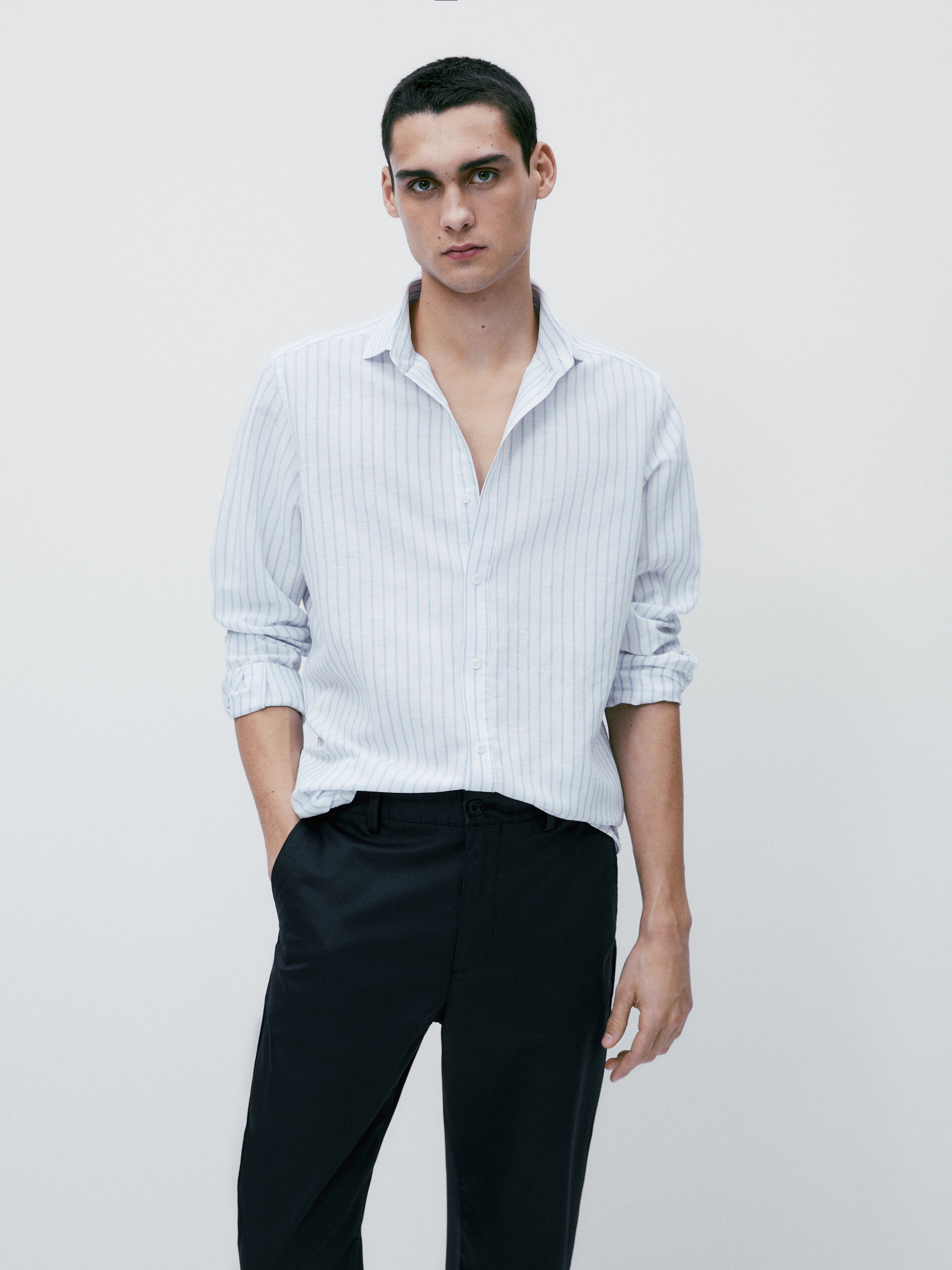 Rayas camisa com lino e algodón slim fit - LIGHT BLUE
