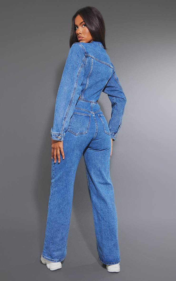 Mid Blue Wash Combinaison En Denim À Taille Découpée
