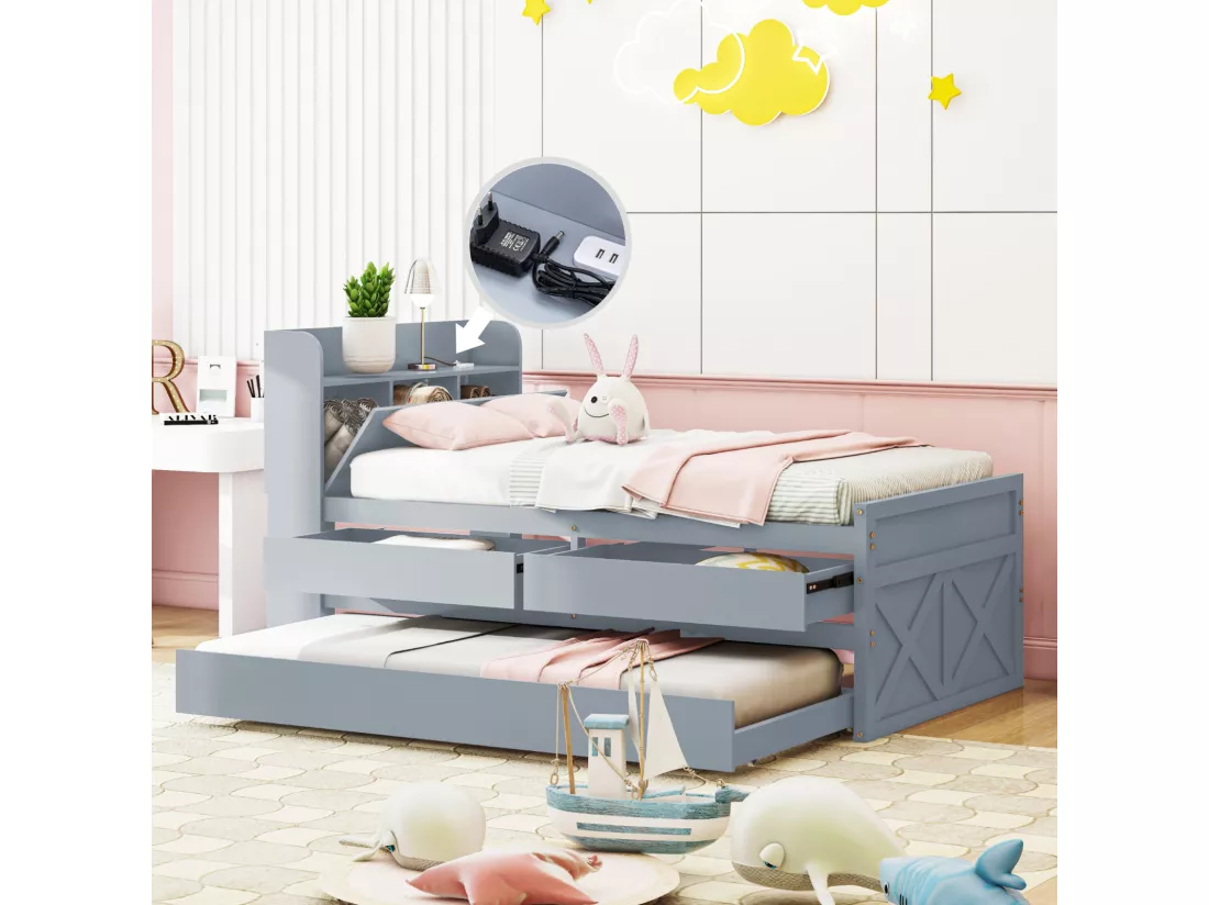 Lit gigogne 90x190cm, lit d'enfant avec tiroir extensible, sommier à lattes, tête de lit avec étagères de rangement et prise USB, gris