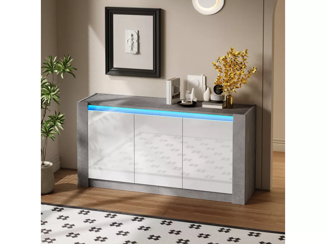 Buffet avec 3 portes à haute brillance - 150 x 40 x 75 cm - LEDs - Etagères réglables - Panneau de particules - Blanc et gris