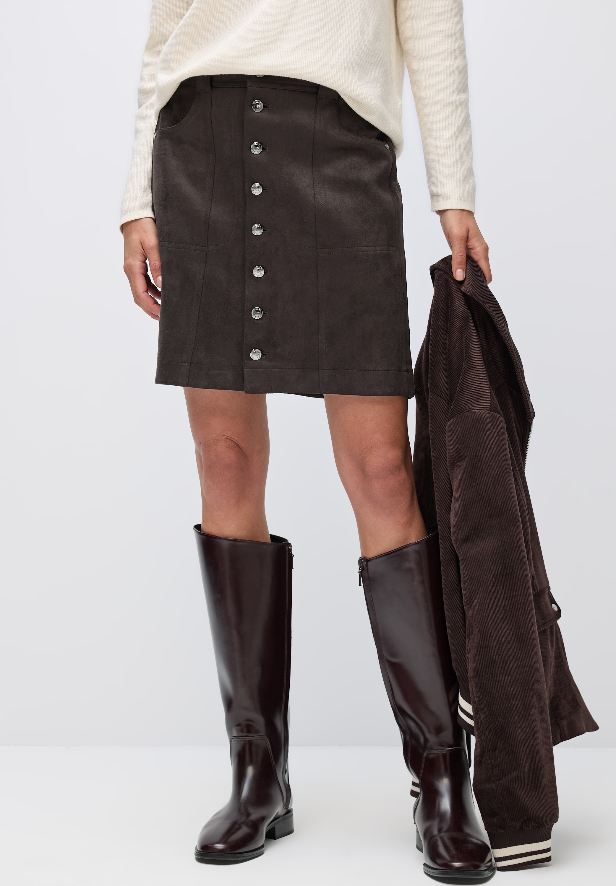 STREET ONE Minirock , Velour mit Stretch  und mit Knopfleiste vorne