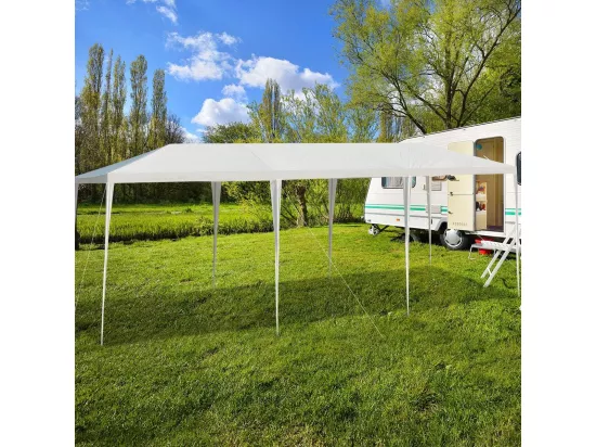 Tonnelle de Jardin 3 M x 9 M Étanche, Tente de Réception Pliante en Tube Métal 8 Cordes à Vent et 16 Piquets Boucle, pour Fêtes Commercial Mariage, Blanc
