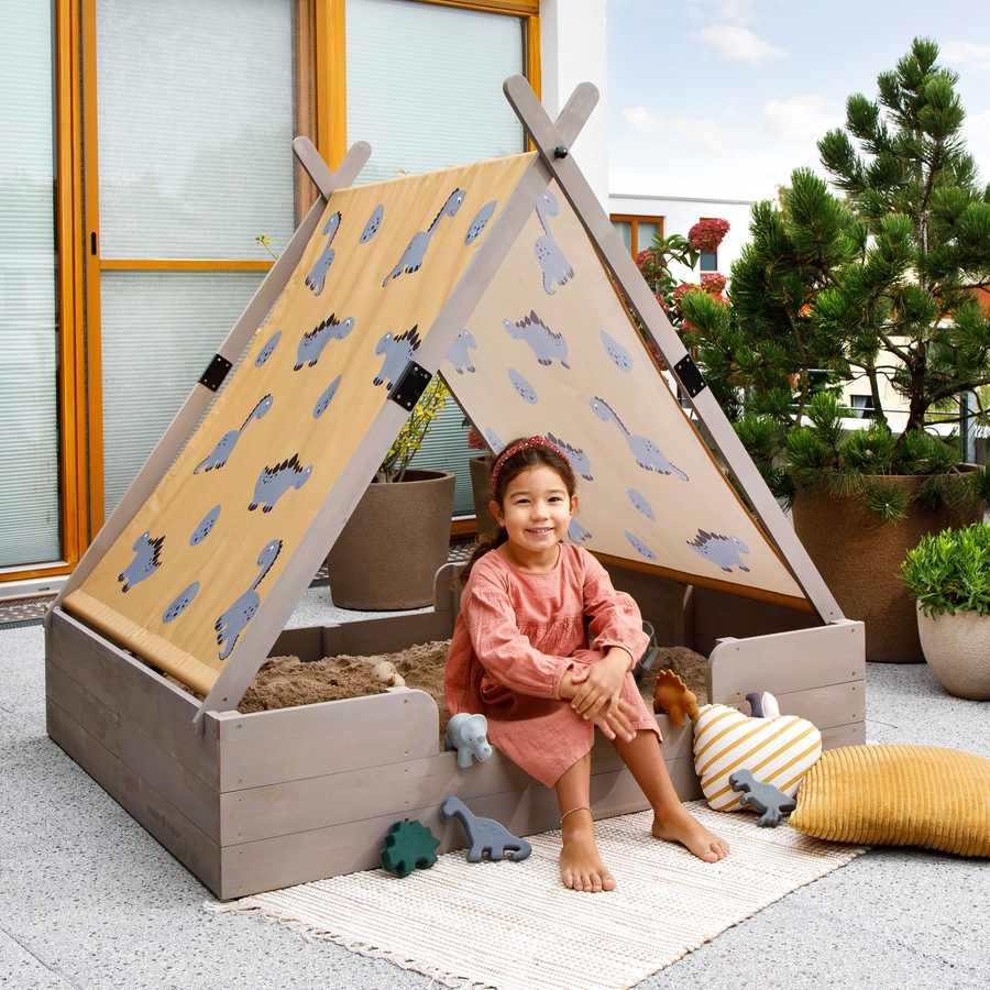 MUDDY BUDDY® Sandkasten mit Zelt Dino Lover, warmgrau