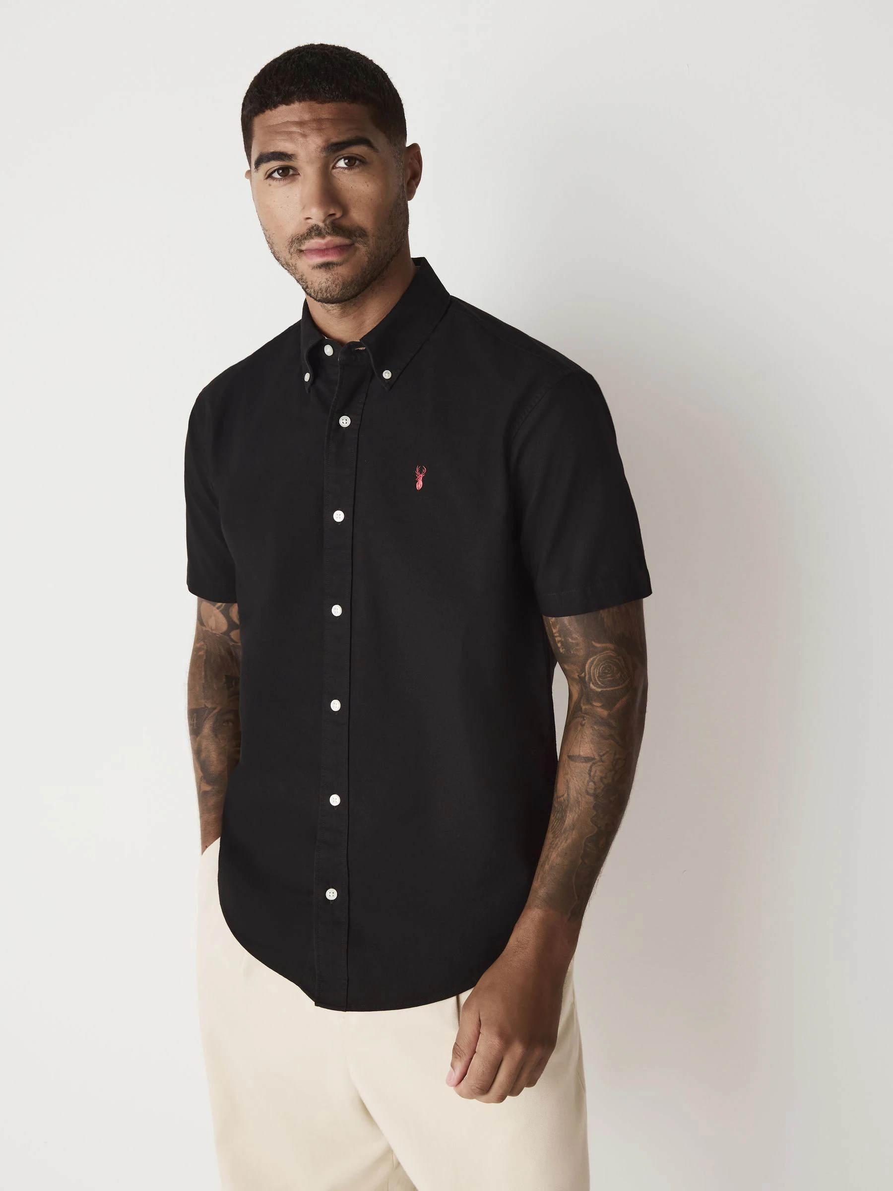 Zwart - Slim Fit - Oxford-overhemd met korte mouwen