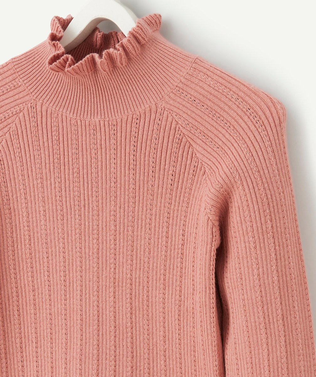 PULL FILLE EN COTON BIO VIEUX ROSE AUX DÉTAILS AJOURÉS