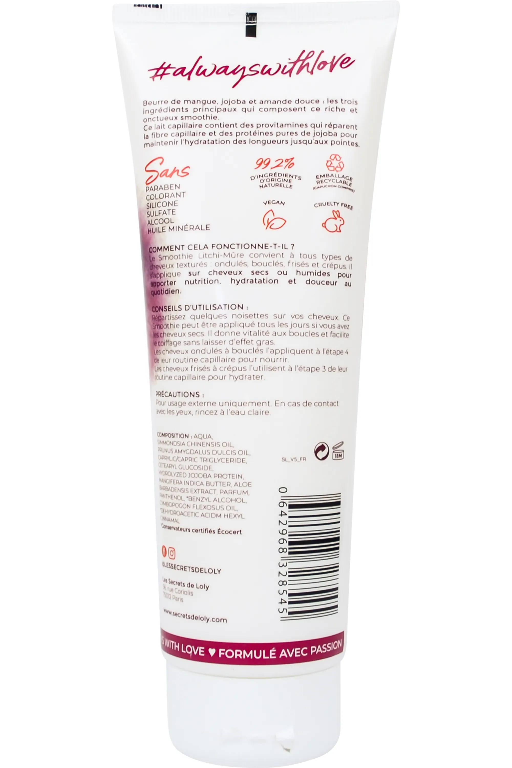 Les Secrets de Loly Lait capillaire hydratant smoothie Litchi Mûre-250 ml